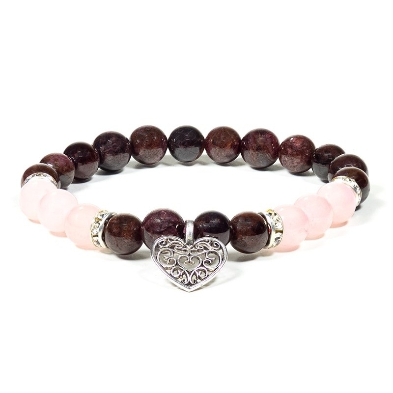 Bracelet en grenat et quartz rose avec cœur