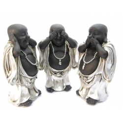 Chinese boeddha set Horen, zien, zwijgen 15 cm (zilver/zwart)