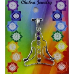Meditatie symbool hanger met 7 chakra halfedelstenen (messing verzilverd)