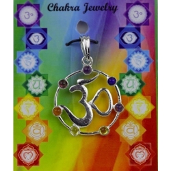 OHM symbool hanger met 7 chakra halfedelstenen (messing verzilverd)