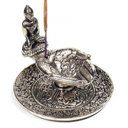 Silver colored incense burner offering hands with buddha